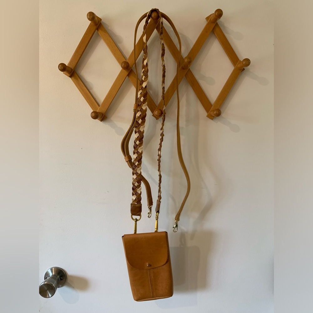 Noonday Briana Crossbody Phone Bag in tan leather w/extra woven leather strap